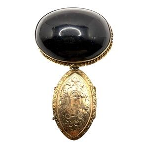 Victorian Onyx Mourning Brooch with Locket Drop – Gold Filled – 2¾"